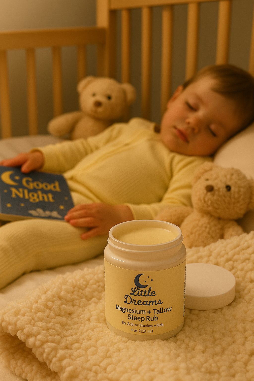 Child sleeping in a crib with teddy bears and a jar of 'Little Dreams' sleep rub.