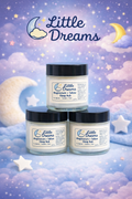 Three jars of 'Little Dreams' products on a cloud and moon background