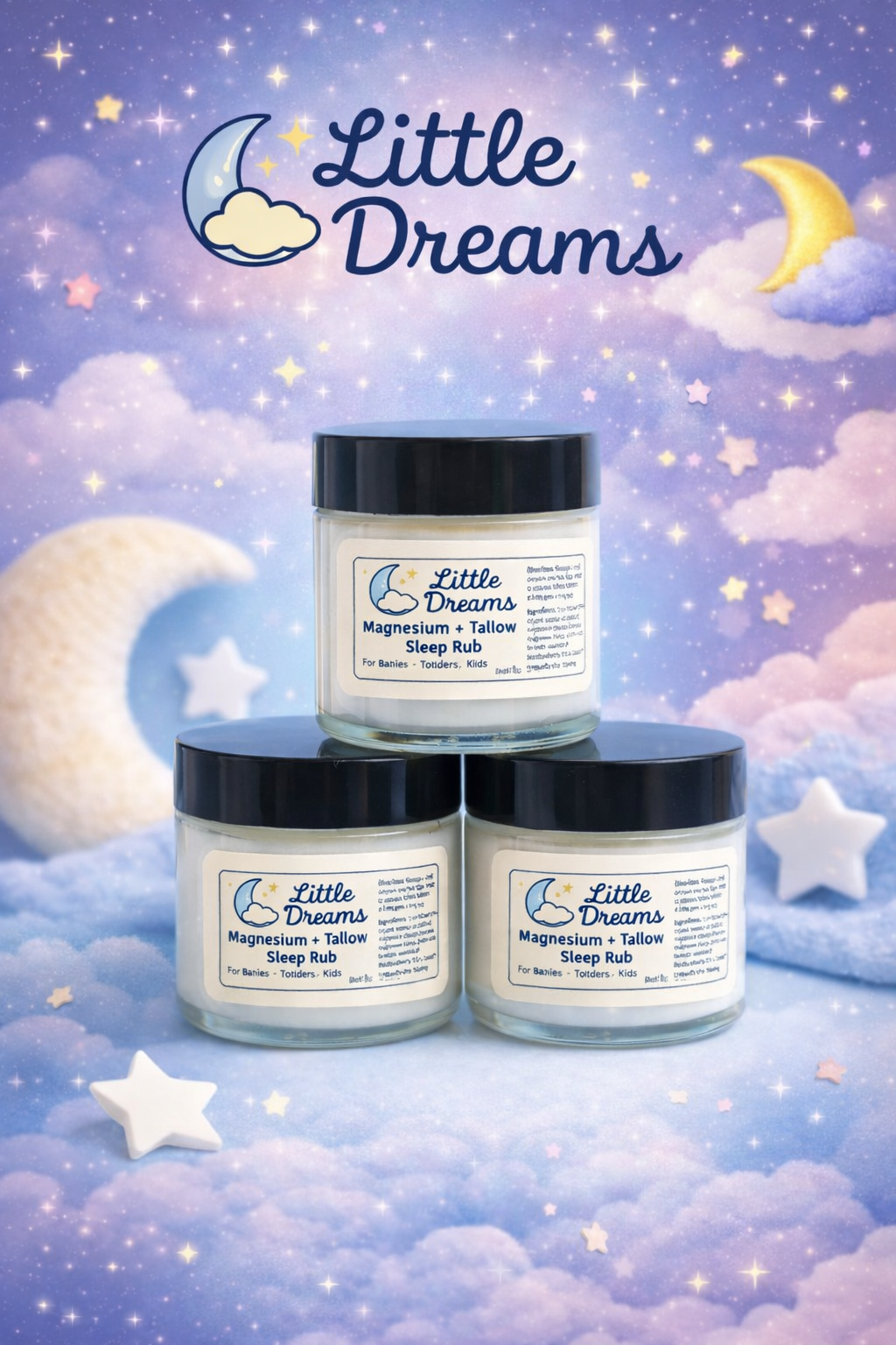 Three jars of 'Little Dreams' products on a cloud and moon background